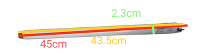 Hitachi 15W T8 daylight fluorescent tube showing length and diameter measurements clearly