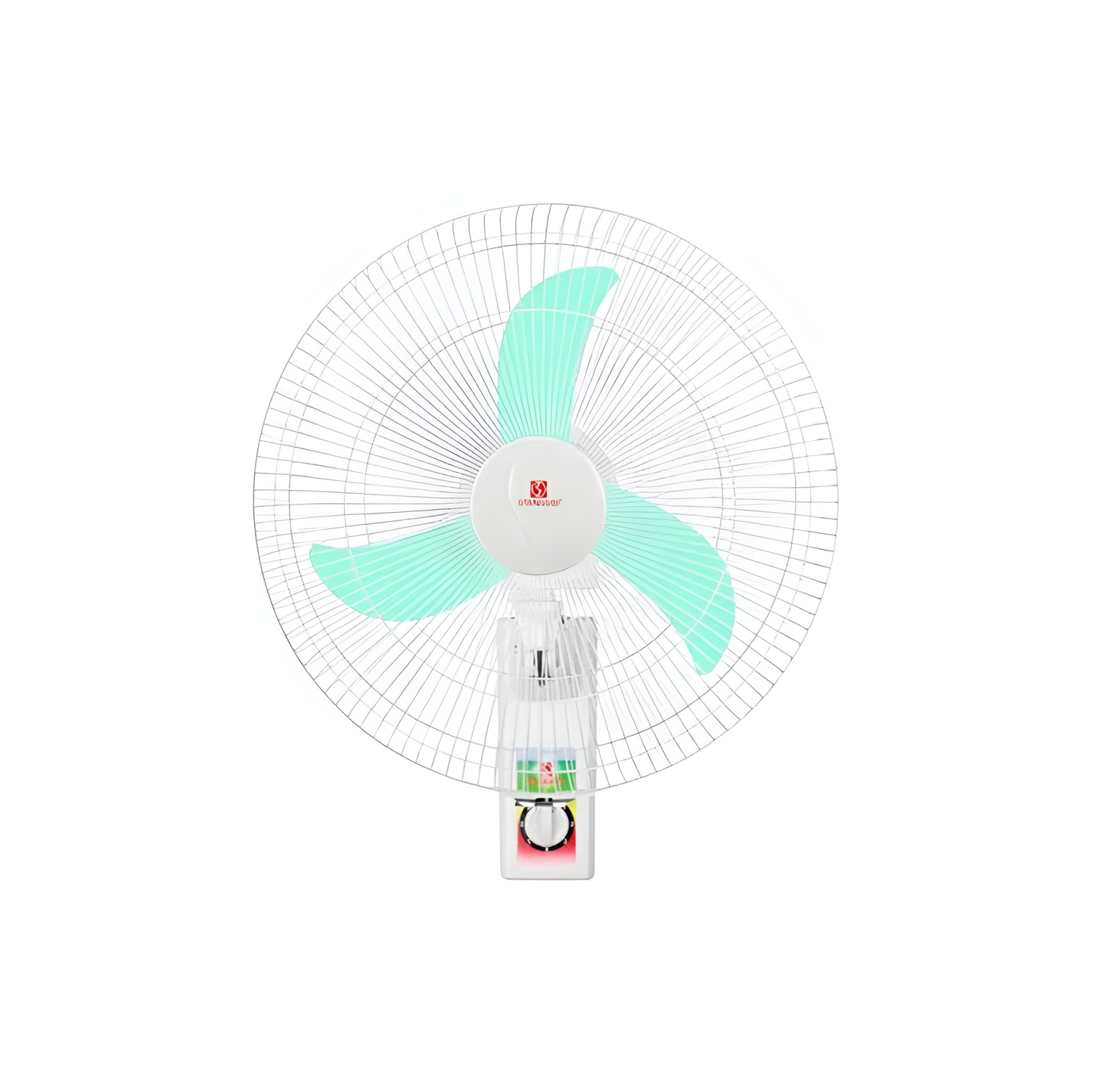 Standard 16 Inches Wall Fan Banana Blade white wall fan with three teal banana blades and front guard