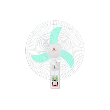 Standard 16 Inches Wall Fan Banana Blade white wall fan with three teal banana blades and front guard
