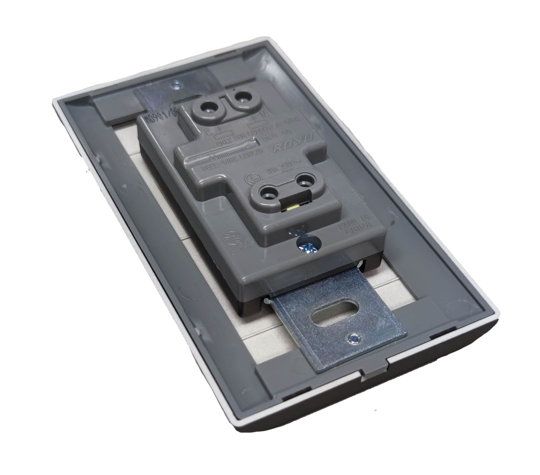Royu Tandem Outlet with Plate Dark Gray rear view showing mounting bracket and dual socket module