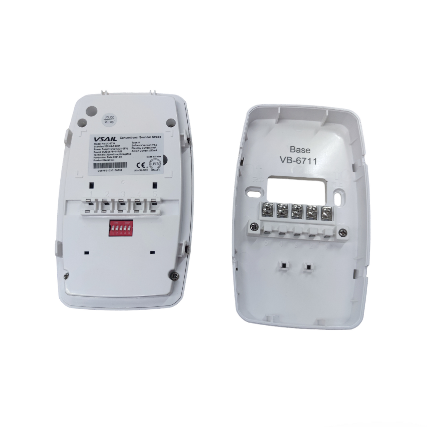 VSAIL Horn Strobe 24VDC VC-6734 fire alarm detector with separate base unit shown from back