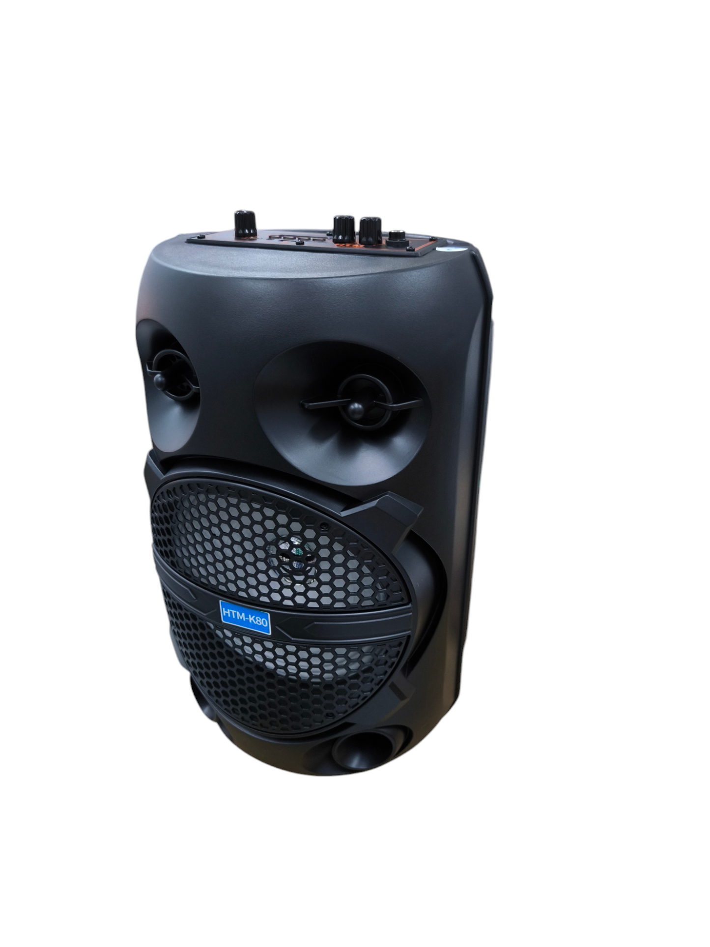 Black Bluetooth Speaker with Microphone HTM portable speaker featuring dual tweeters and a large front grille