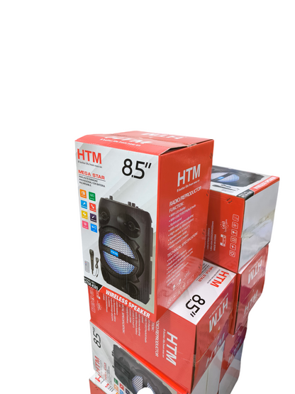 HTM Bluetooth Speaker with Microphone HTM 8.5 inch portable wireless speaker in red box