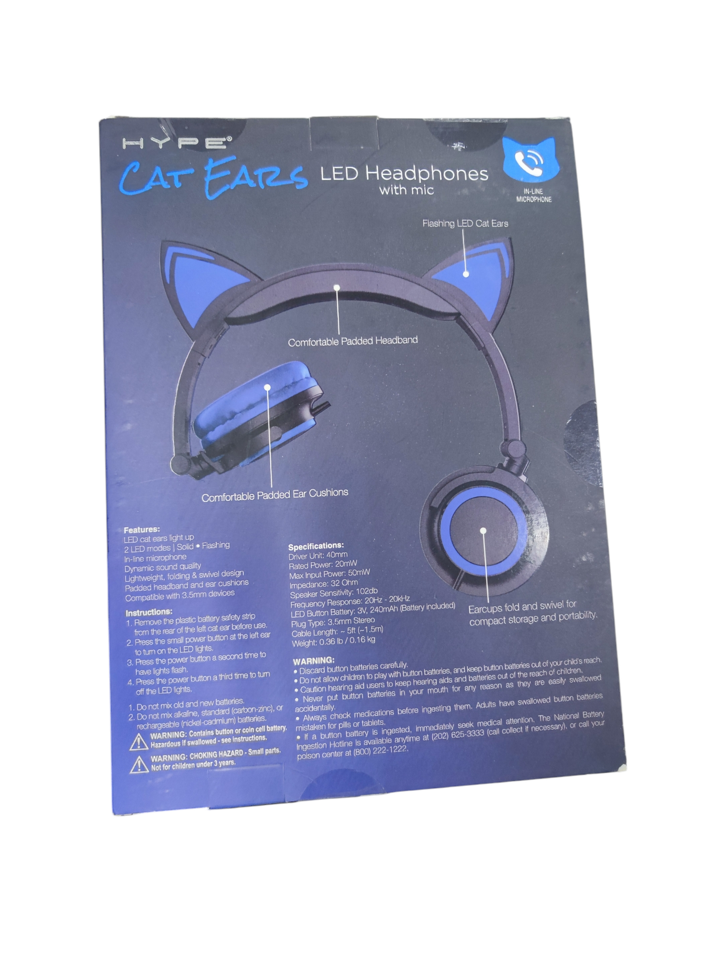 Head Phones Kitty Ear with Mic LED on-ear headphones with comfortable padded ear cushions and cat ears