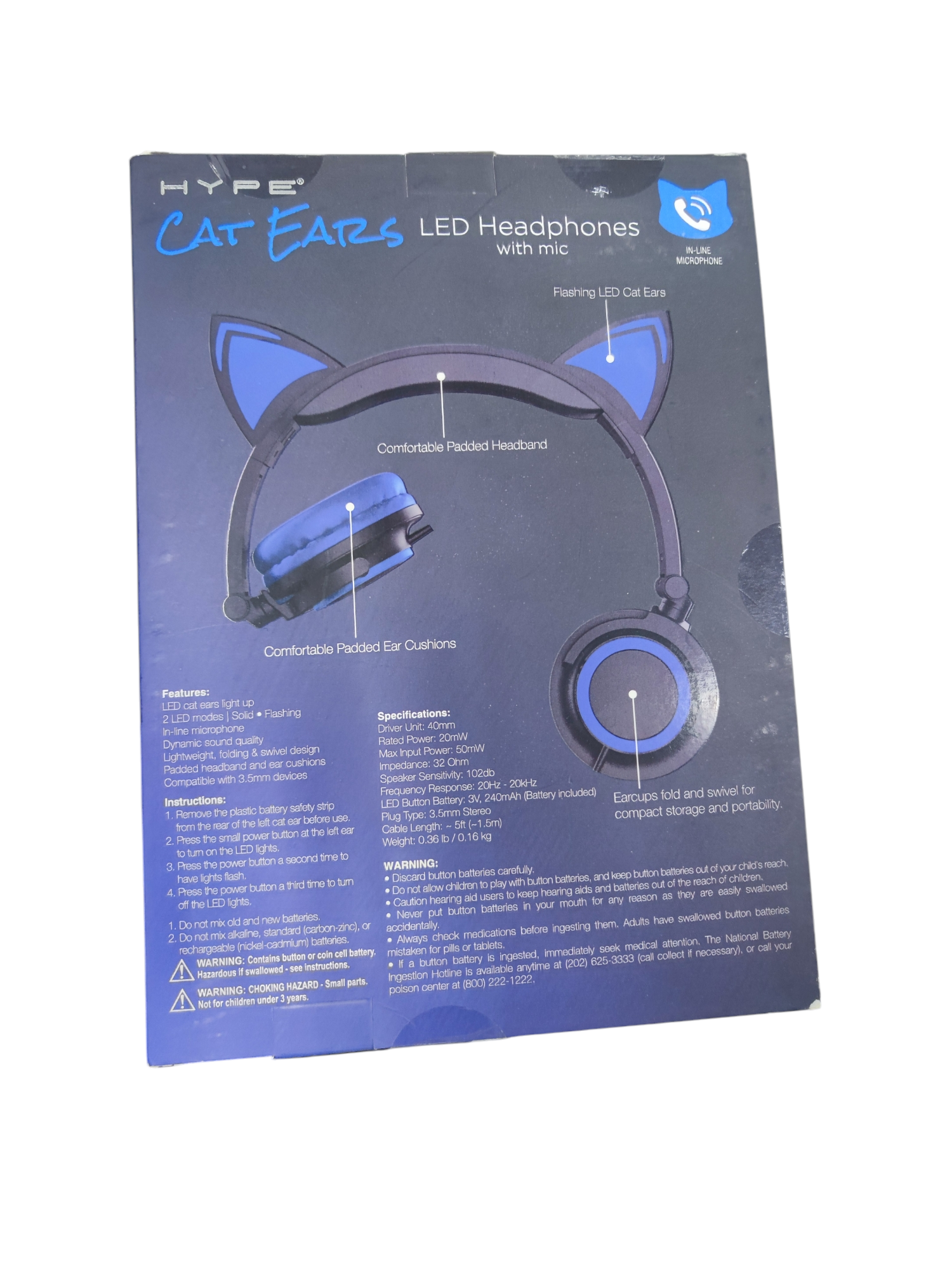 Head Phones Kitty Ear with Mic LED on-ear headphones with comfortable padded ear cushions and cat ears