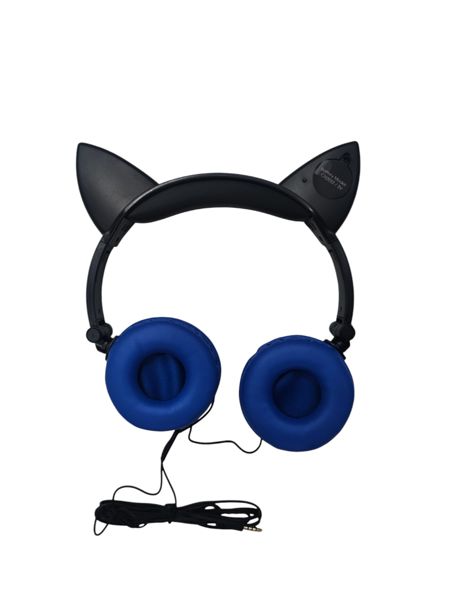Blue on-ear Head Phones Kitty Ear with Mic featuring black cat ear design and wired connection