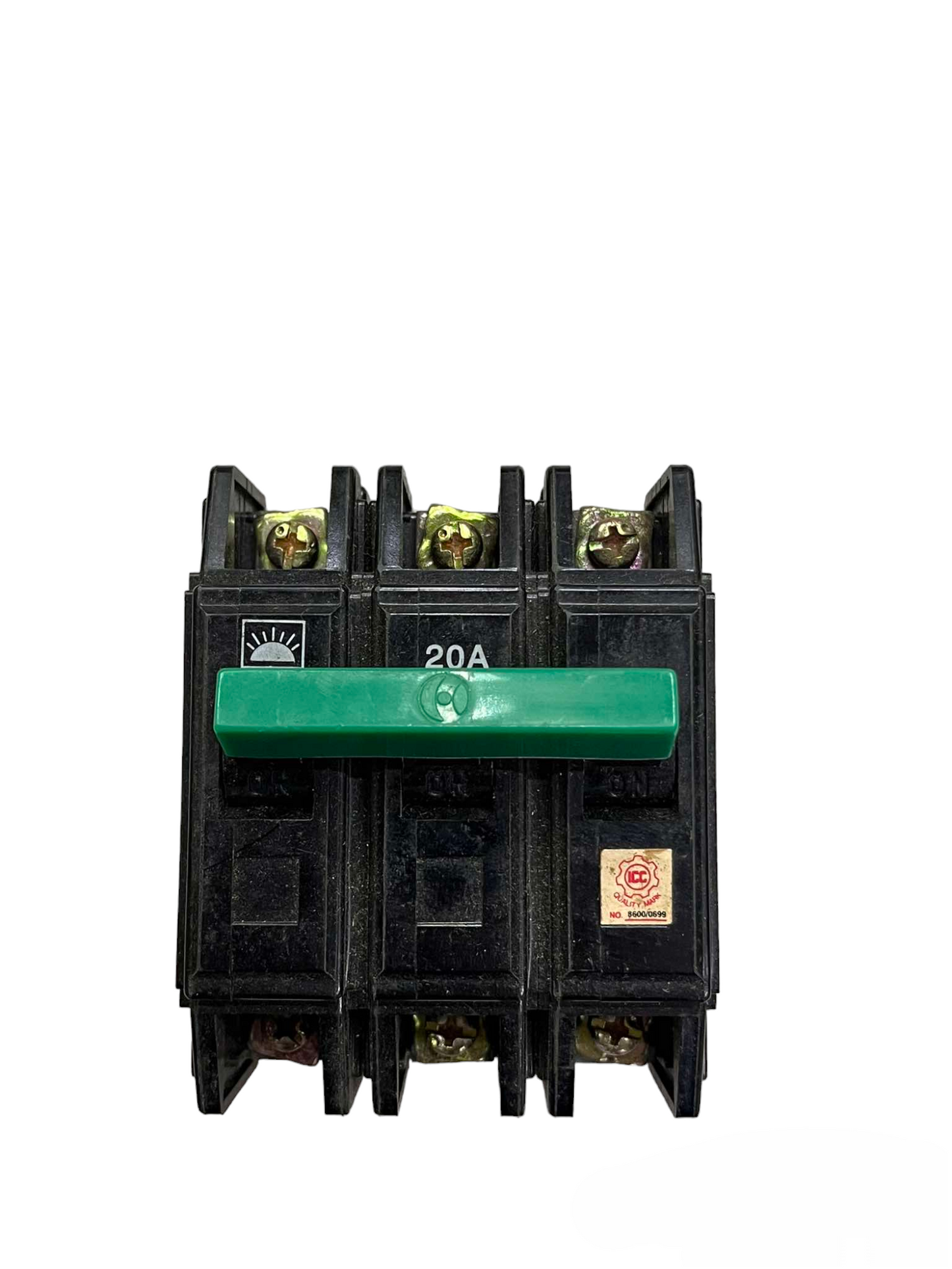Taiyou 20A 3 Pole Bolt On Type Circuit Breaker with green handle and black body