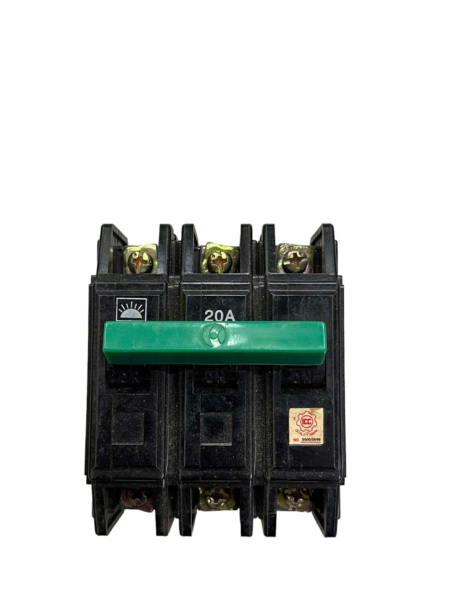 Taiyou 20A 3 Pole Bolt On Type Circuit Breaker with green handle and black body