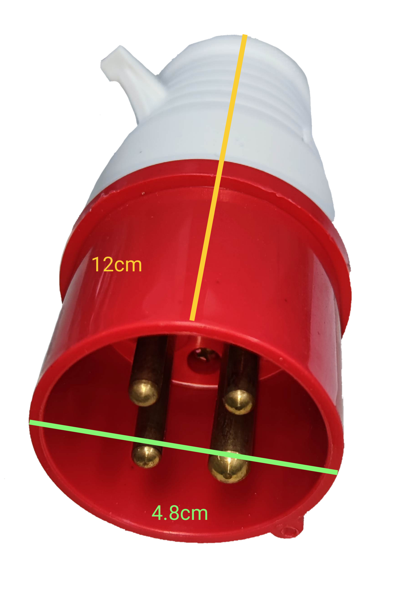 Grippes IEC309-2 380V-415V plug with red and white casing and three brass pins for electrical connections