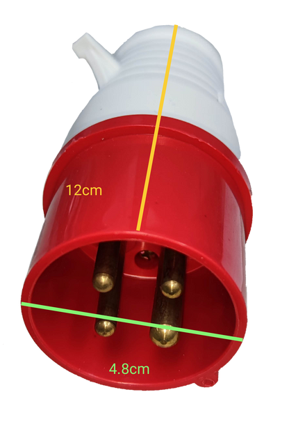 Grippes IEC309-2 380V-415V plug with red and white casing and three brass pins for electrical connections