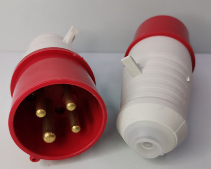 Grippes IEC309-2 380V-415V plug with red and white insulated body and brass pins for electrical connections