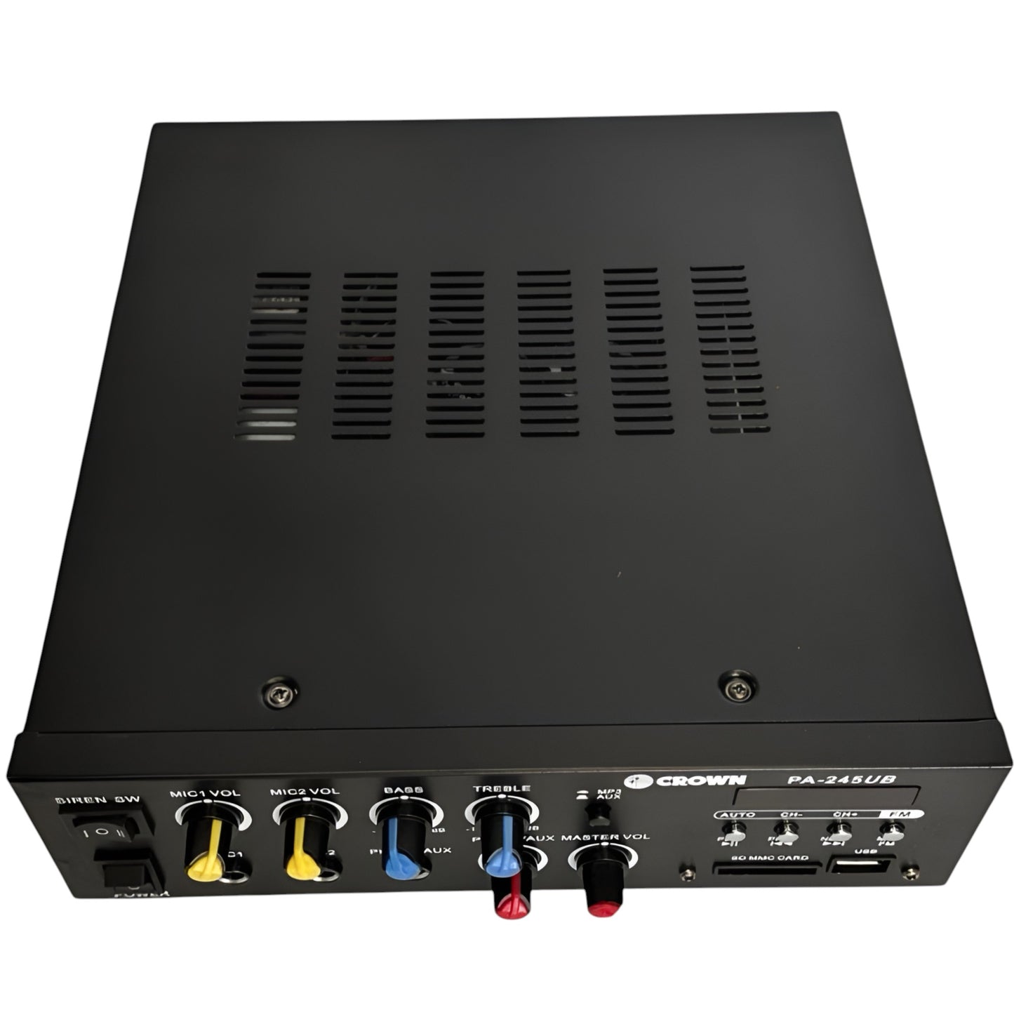 Crown 245W Public Address Amplifier 12V DC or 220V AC PA-245UB Bluetooth USB/SD Port MP3 Input Build in Siren FM Tuner 2 Mic Input