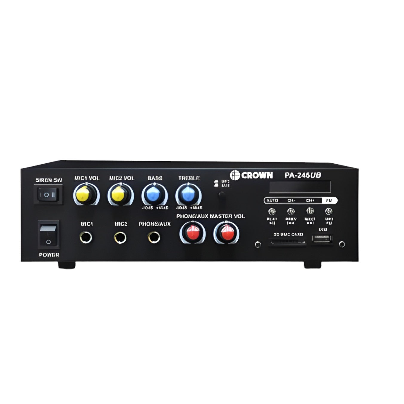 Crown 245W Public Address Amplifier 12V DC or 220V AC PA-245UB Bluetooth USB/SD Port MP3 Input Build in Siren FM Tuner 2 Mic Input