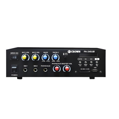 Crown 245W Public Address Amplifier 12V DC or 220V AC PA-245UB Bluetooth USB/SD Port MP3 Input Build in Siren FM Tuner 2 Mic Input