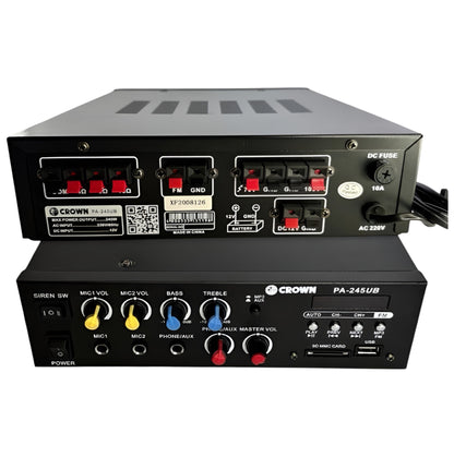 Crown 245W Public Address Amplifier 12V DC or 220V AC PA-245UB Bluetooth USB/SD Port MP3 Input Build in Siren FM Tuner 2 Mic Input