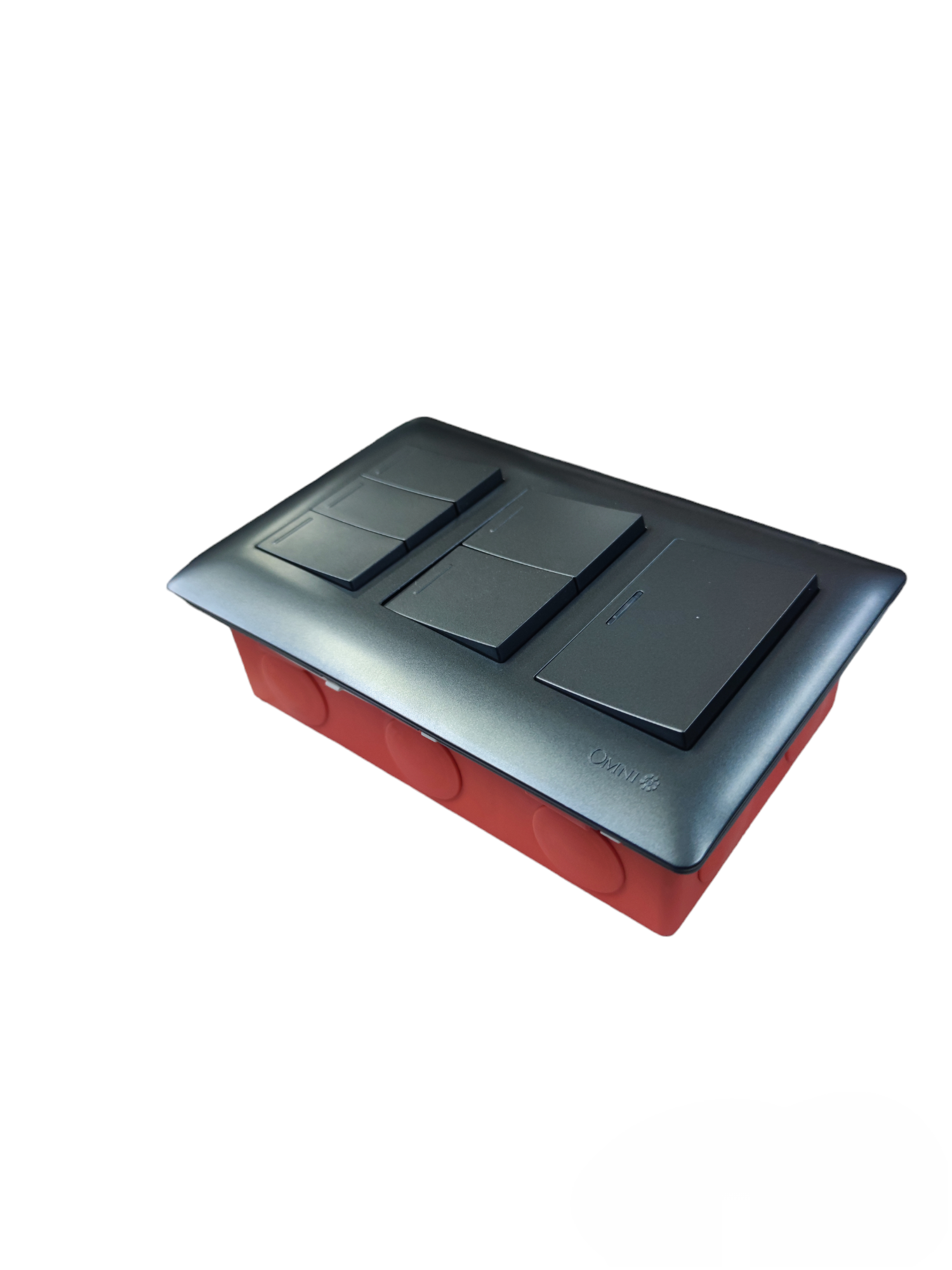 Omni illuminated 2 gang switch 16A 250V with sleek black faceplate and red mounting box