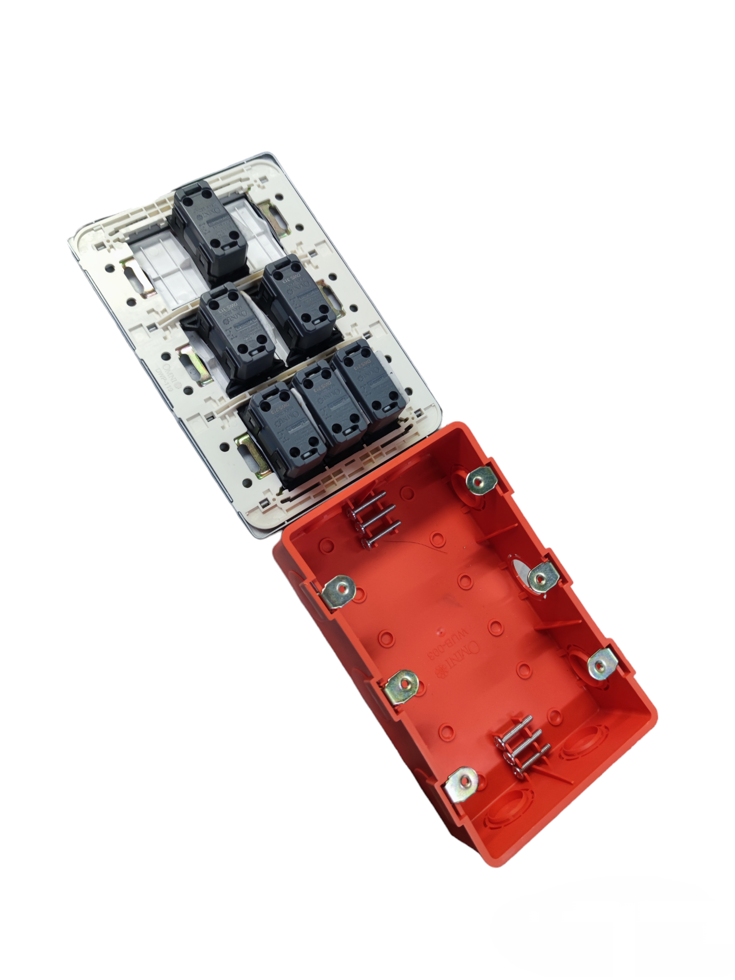 Omni illuminated 2 gang switch 16A 250V with black switches and red mounting box for electrical installations