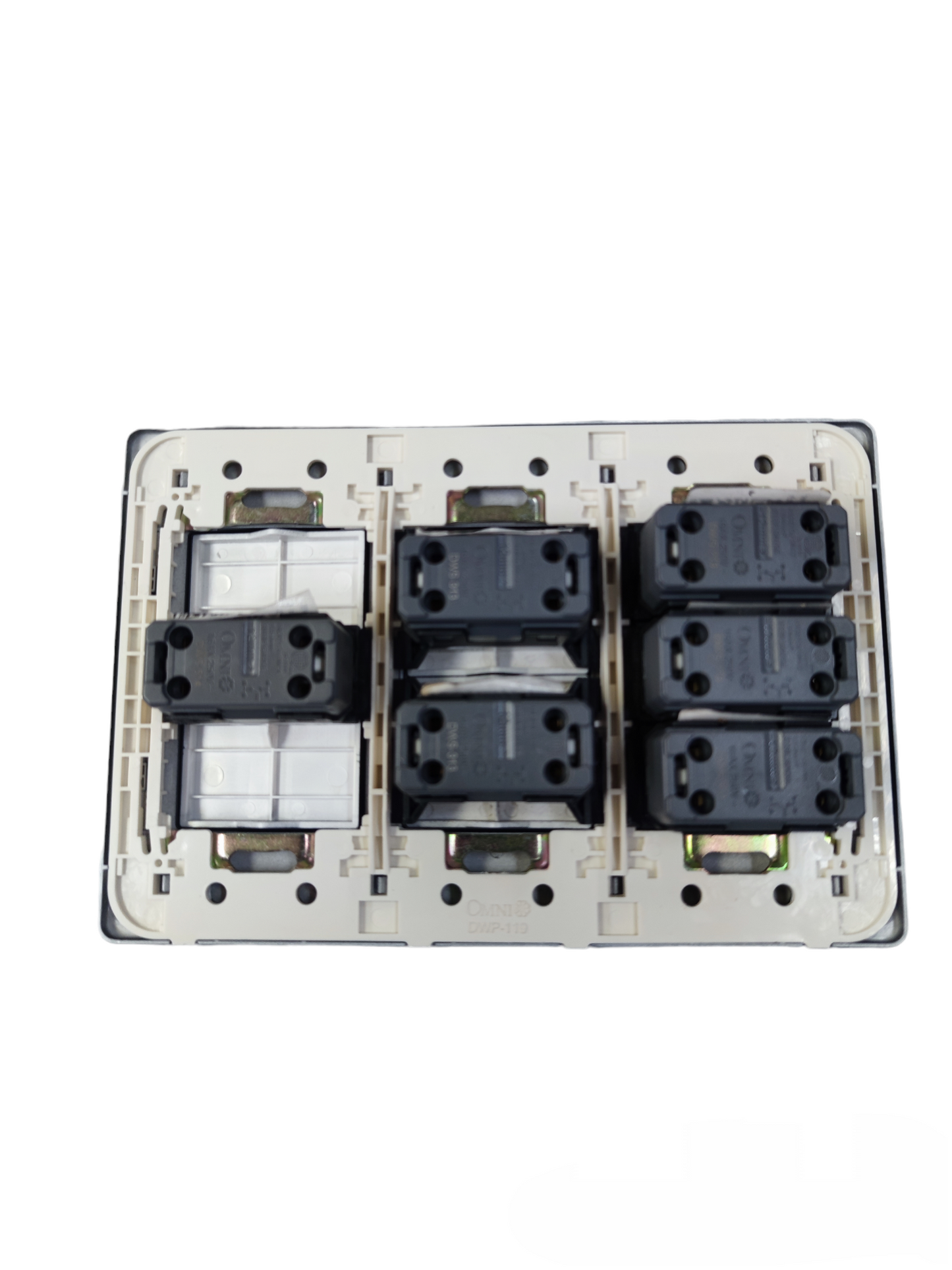 Omni illuminated 2 gang switch 16A 250V showing back view with wiring terminals and mounting points