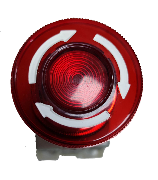 Auspicious illuminated emergency stop push button in red with white rotation arrows for power safety