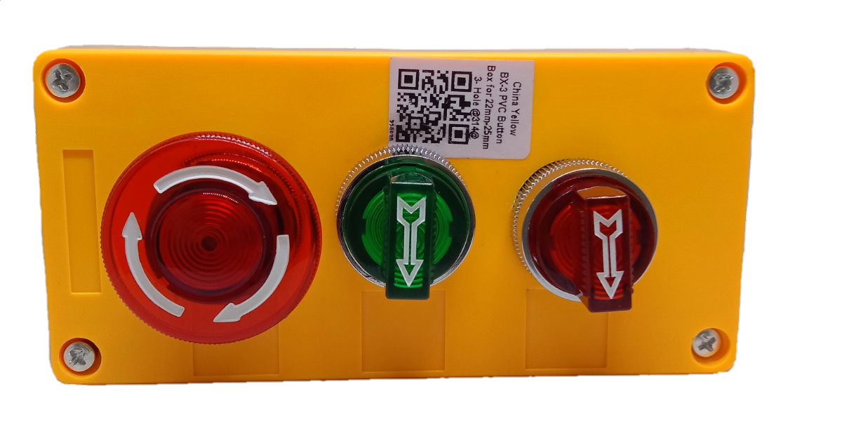Auspicious illuminated emergency stop switch with red and green buttons mounted on a yellow panel