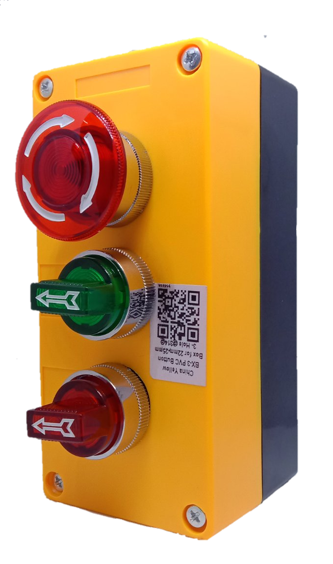 Auspicious illuminated emergency stop switch with red and green buttons in a yellow enclosure