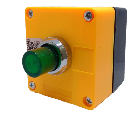 Auspicious illuminated push button green 220V mounted on a yellow plastic enclosure with screws