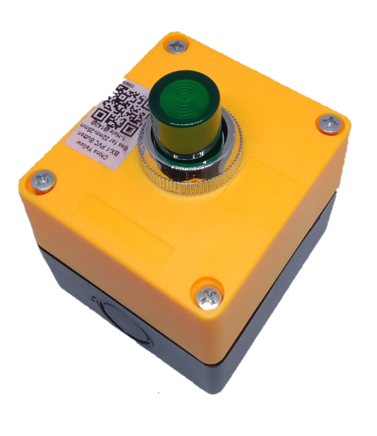 Auspicious illuminated push button green 220V mounted on a yellow and gray industrial control box