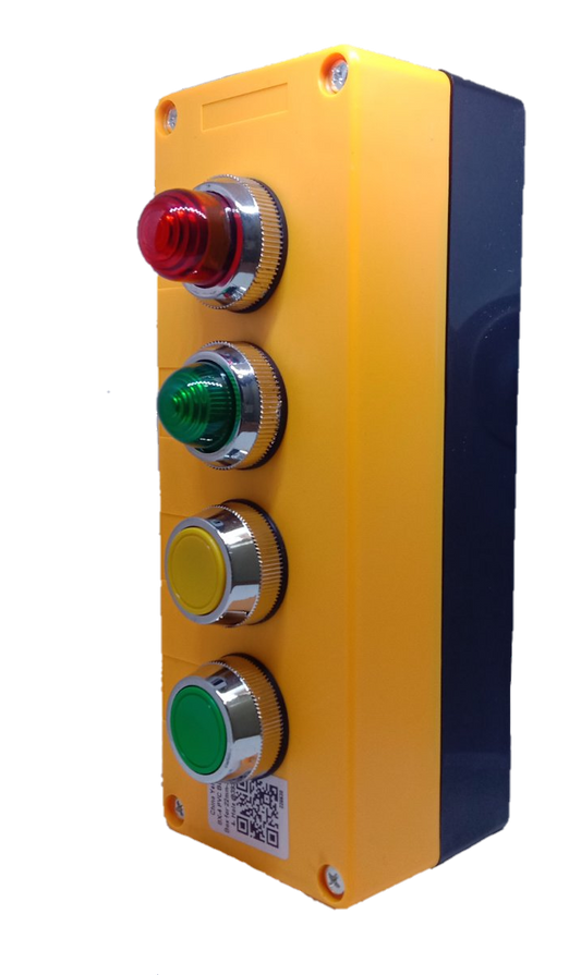 Auspicious illuminated push button switch with red, green, yellow, and green buttons on yellow and black casing