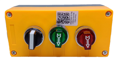 Auspicious illuminated selector switch box with yellow casing and three control knobs in black, green, and red
