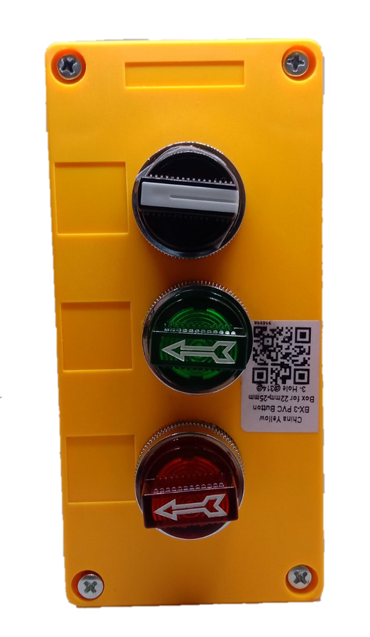 Auspicious yellow illuminated selector switch box with black rotary switch and red and green indicator lights