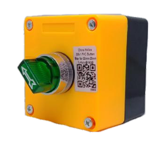 Auspicious illuminated selector switch green mounted on a yellow and black power control box