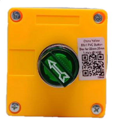 Auspicious illuminated selector switch green mounted on a yellow square panel with screws