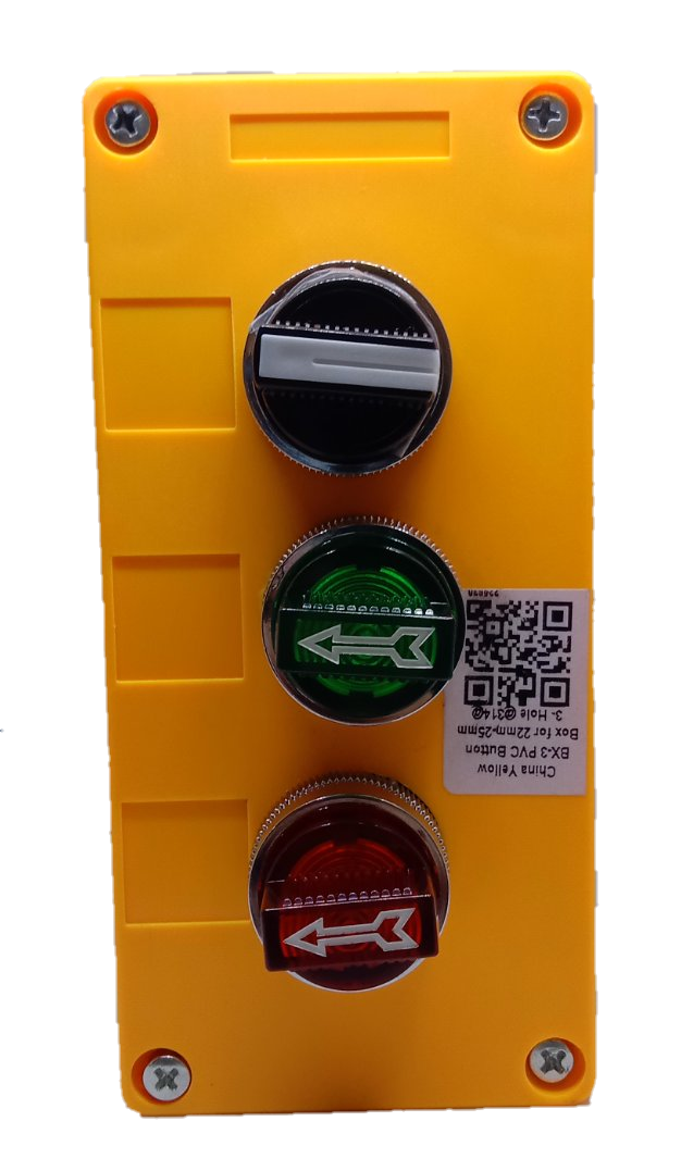 Auspicious illuminated selector switch with box featuring yellow casing and three control buttons in black, green, and red
