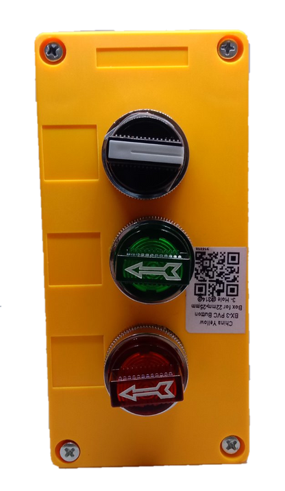 Auspicious illuminated selector switch with box featuring yellow casing and three control buttons in black, green, and red