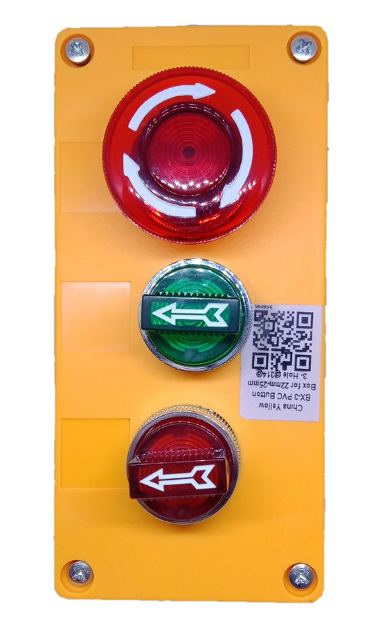 Auspicious illuminated twist to unlock emergency button panel with red and green indicator lights on yellow casing