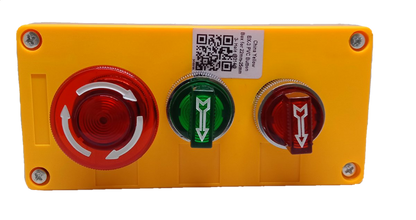 Auspicious yellow emergency control panel with illuminated twist to unlock emergency button in red and green