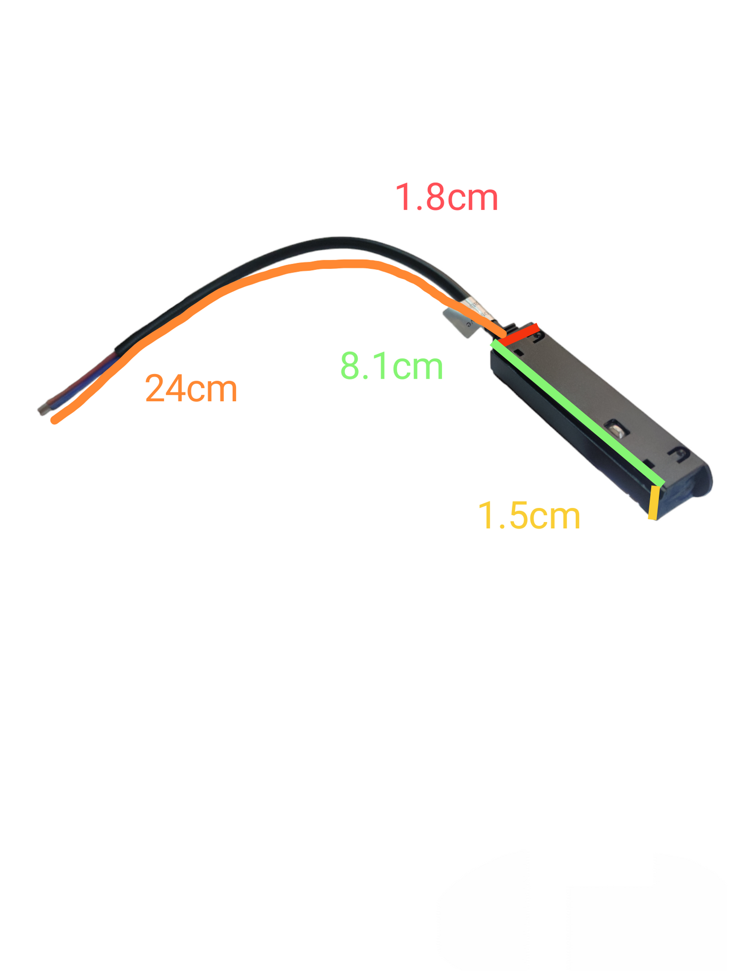 ILLUMIQ TERRA black and orange track light conductive connector with wire and detailed measurements