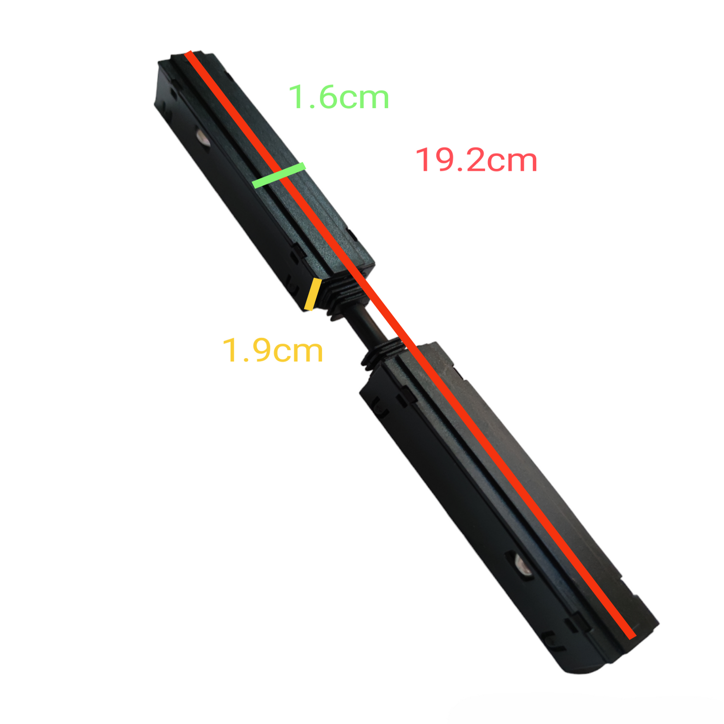 ILLUMIQ TERRA black track light conductive connector with dimensions displayed for electrical circuitry