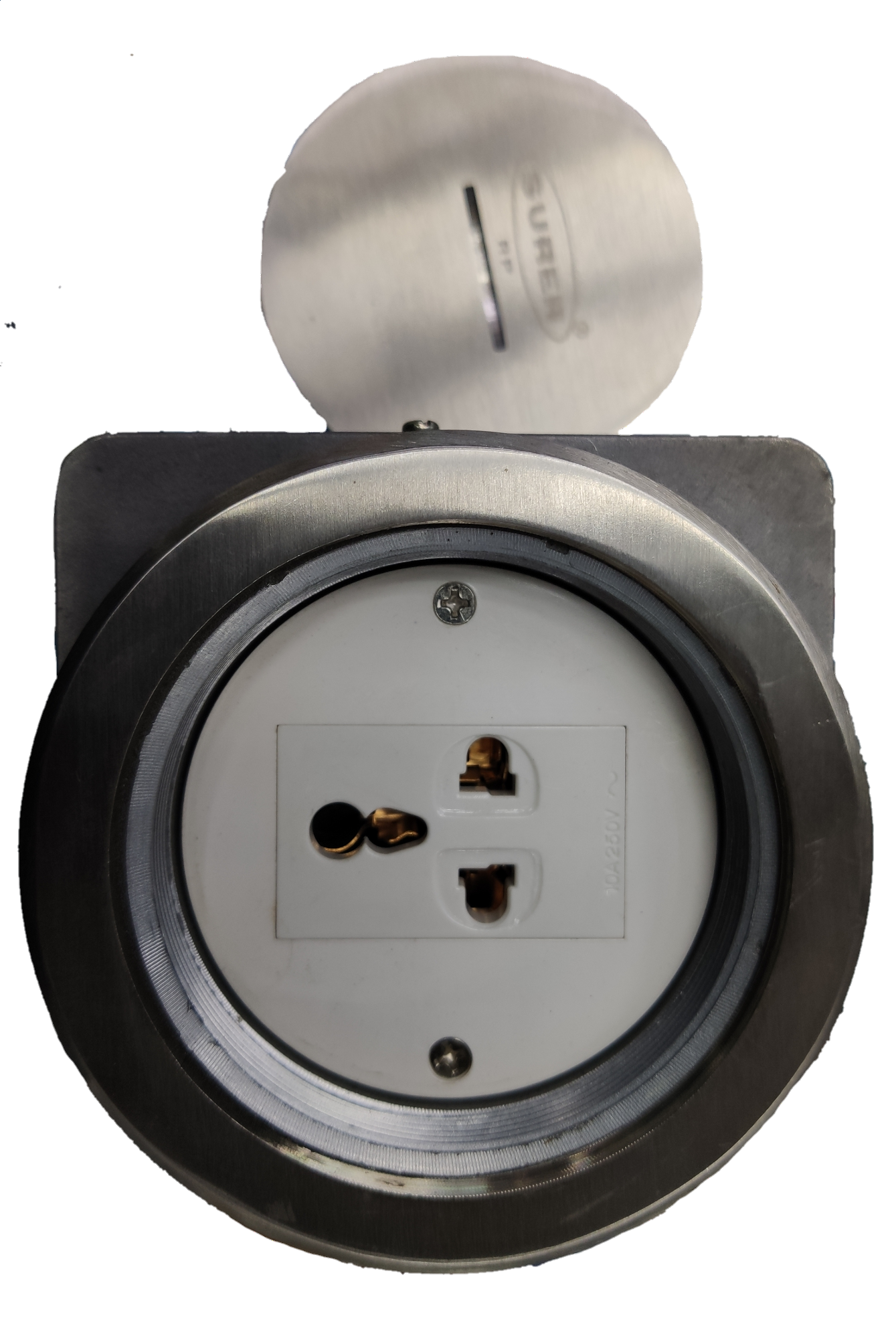 Surer 1 Gang Universal with Ground power point with protective metal cover in stainless steel finish