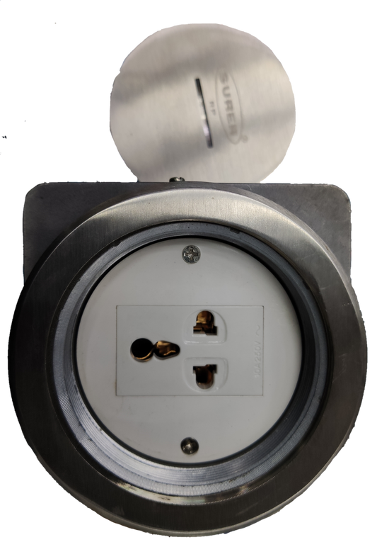 Surer 1 Gang Universal with Ground power point with protective metal cover in stainless steel finish