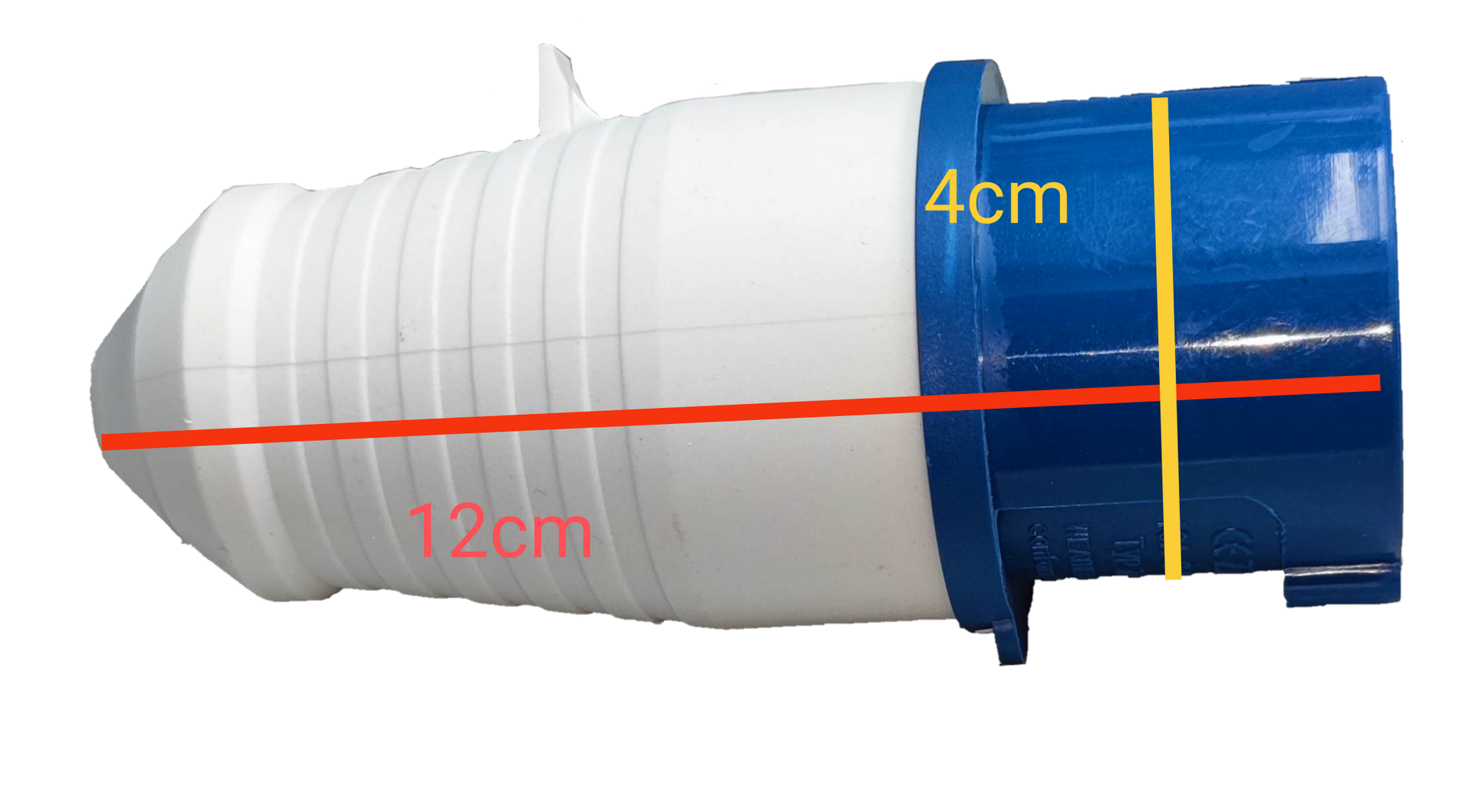 Grippes 16A industrial plug 3 pins with white and blue casing measuring 12 cm by 4 cm