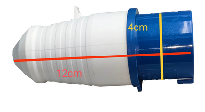 Grippes 16A industrial plug 3 pins with white and blue casing measuring 12 cm by 4 cm