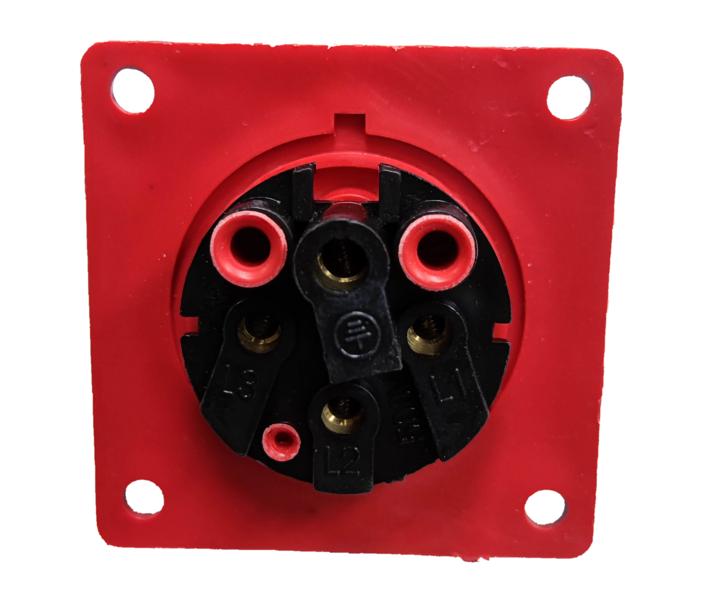 Grippes 16A industrial plug chassis type with red and black wiring connections for power points and switches