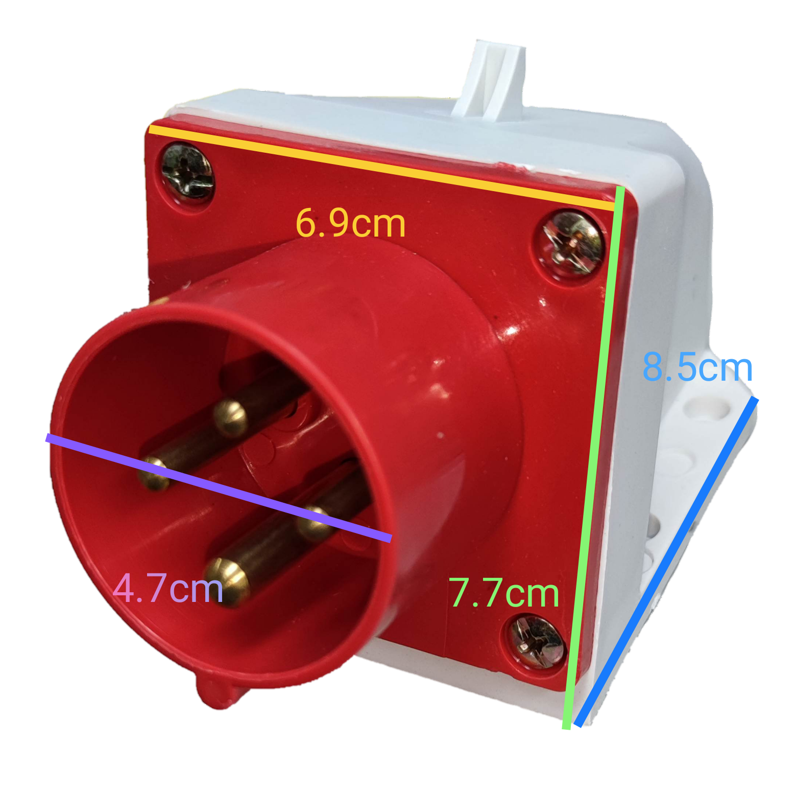 Grippes 16A industrial wall plug with red and white design and metal prongs for electrical circuitry