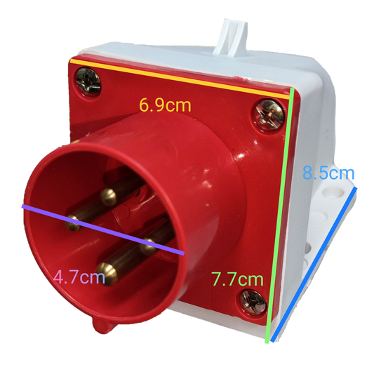 Grippes 16A industrial wall plug with red and white design and metal prongs for electrical circuitry