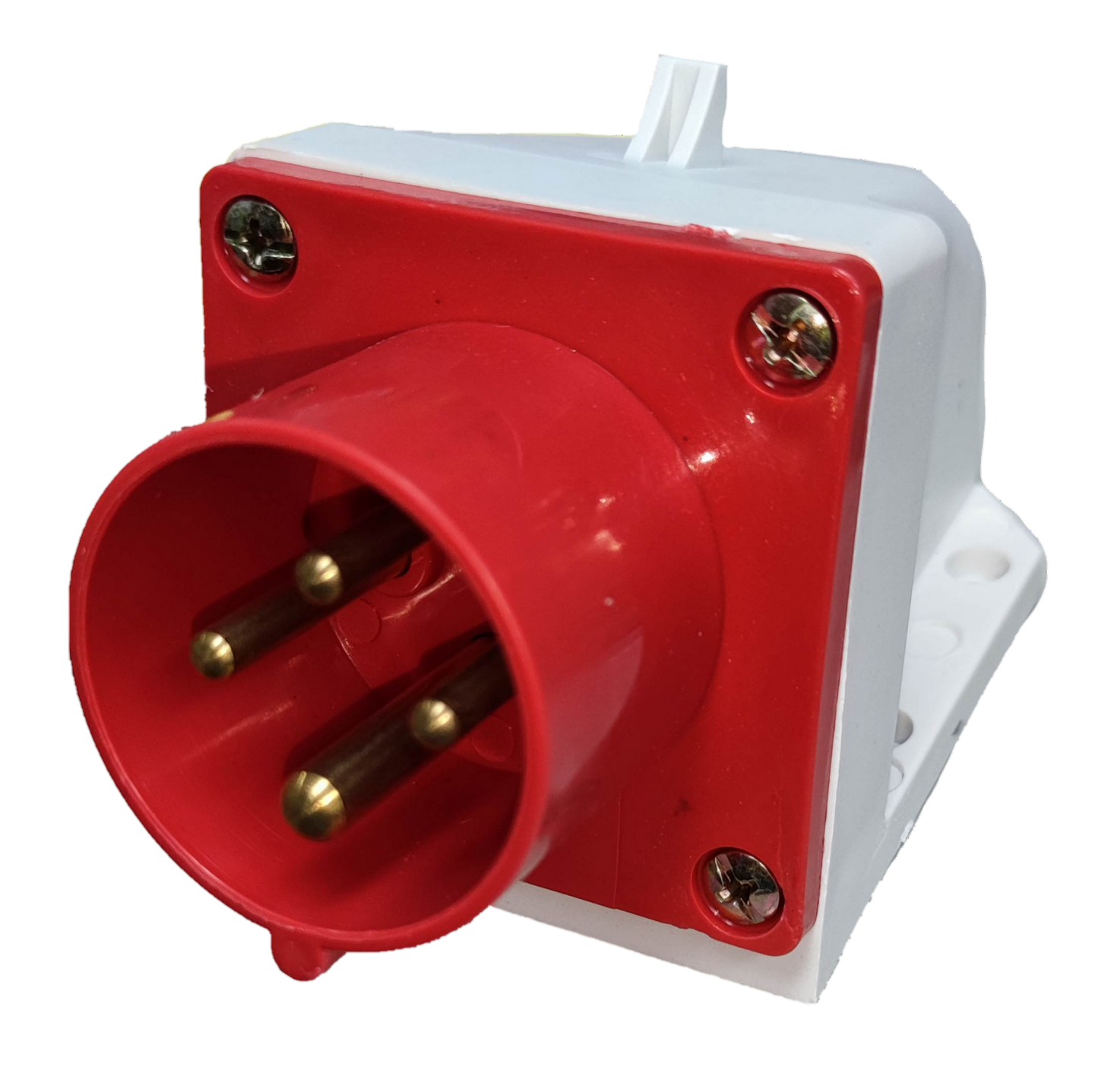 Grippes 16A industrial wall plug with red and white casing and three brass prongs
