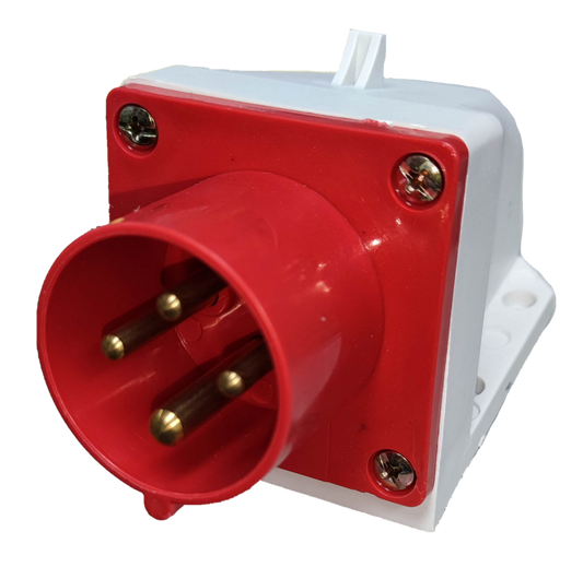 Grippes 16A industrial wall plug with red and white casing and three brass prongs