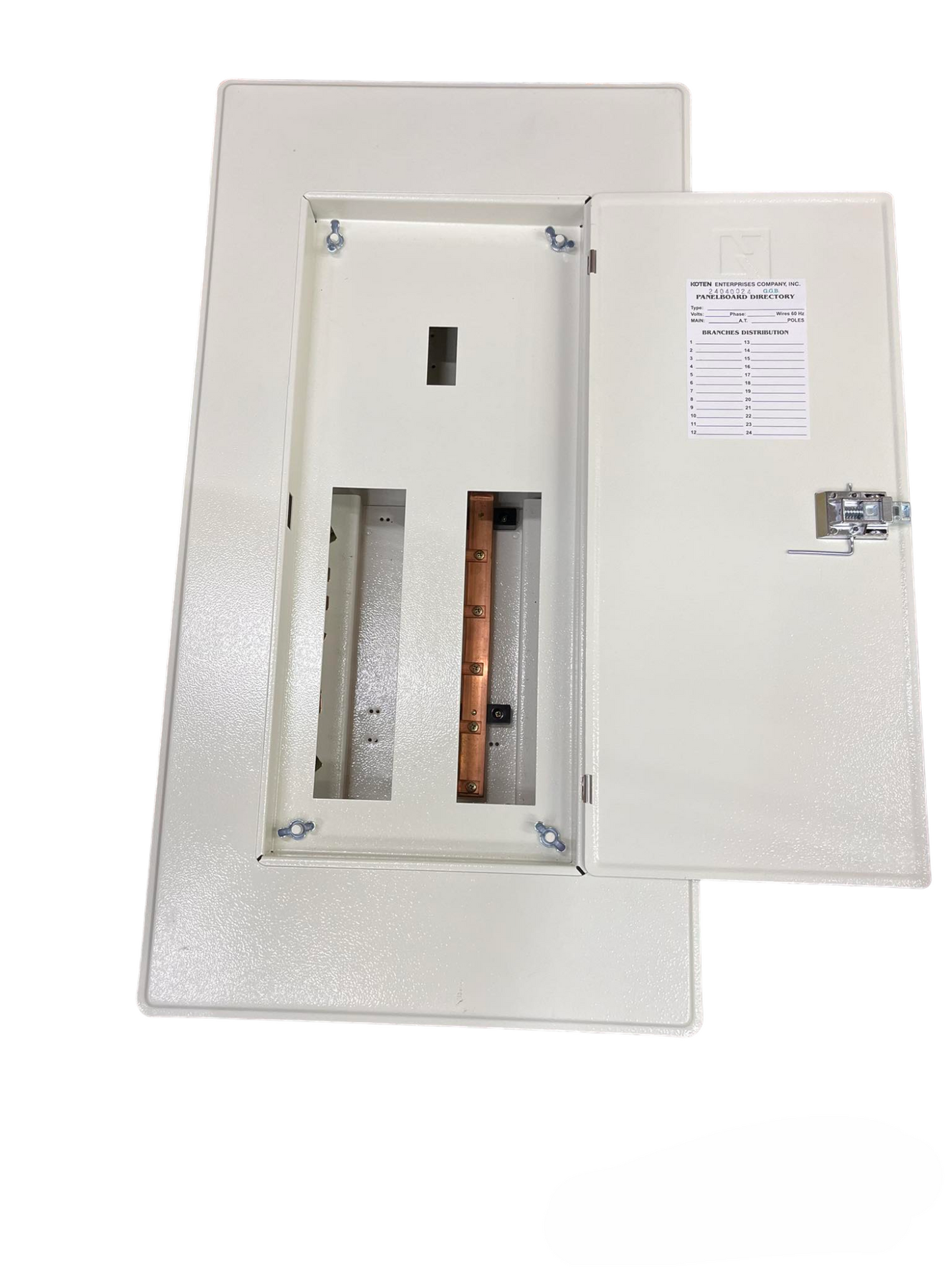 Koten and Taiyou 200A panel board for industrial use with open white metal door and copper busbar