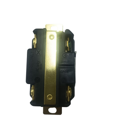 Grippes black industrial 30A twist lock outlet NEMA L15. exposed brass terminals and mounting strap for heavy duty wiring
