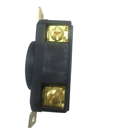 Grippes 30A twist lock outlet NEMA L15 side view showing black body with brass terminal screws and mounting ears